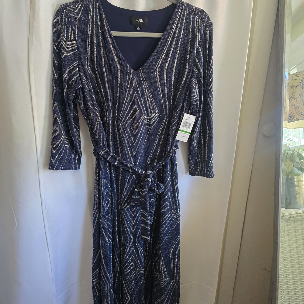 MSK Long Sleeve Dress with Navy and Silver Geometric Design